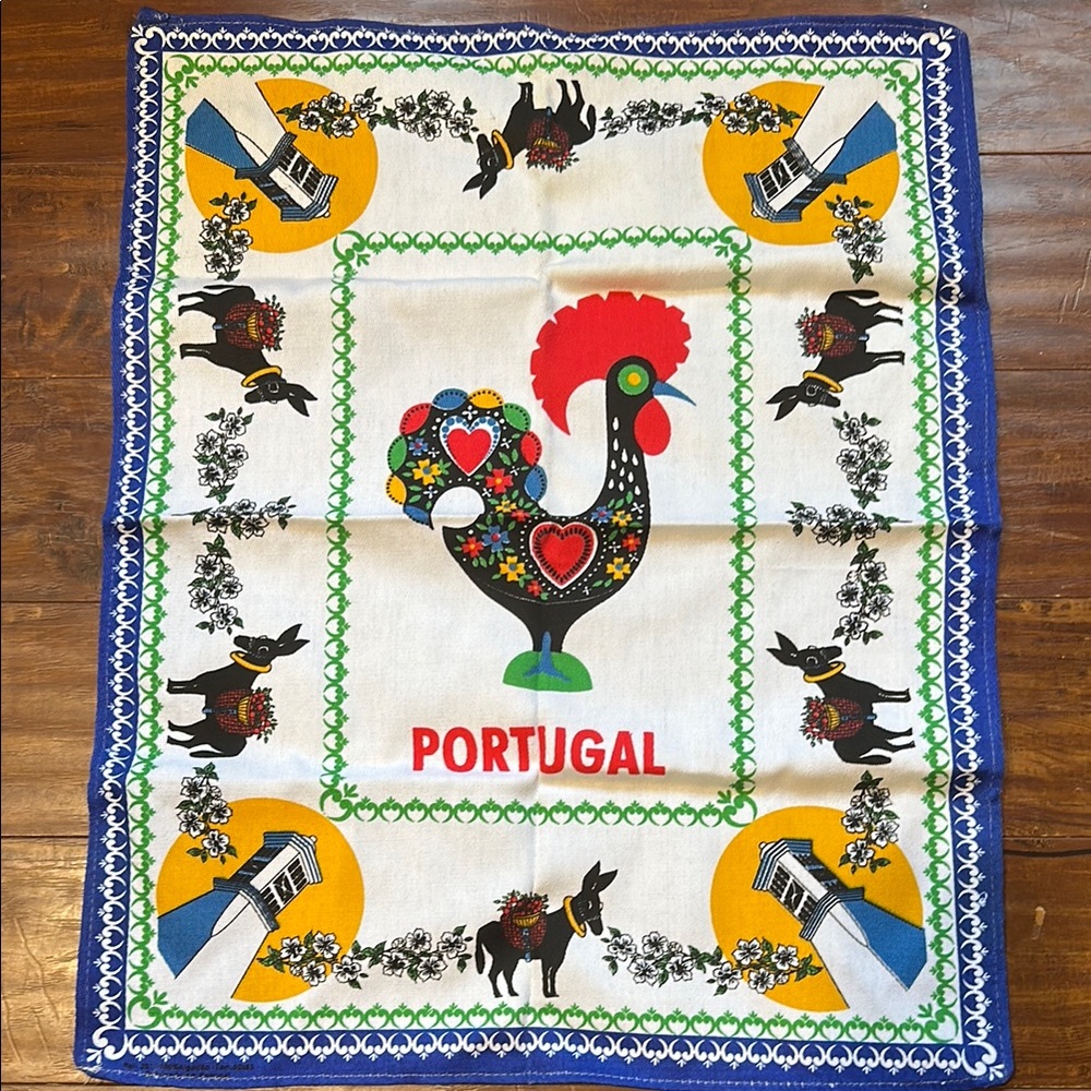 Vintage Portugal Barcelos Rooster Tea Towel Wall Hanging Folk Art